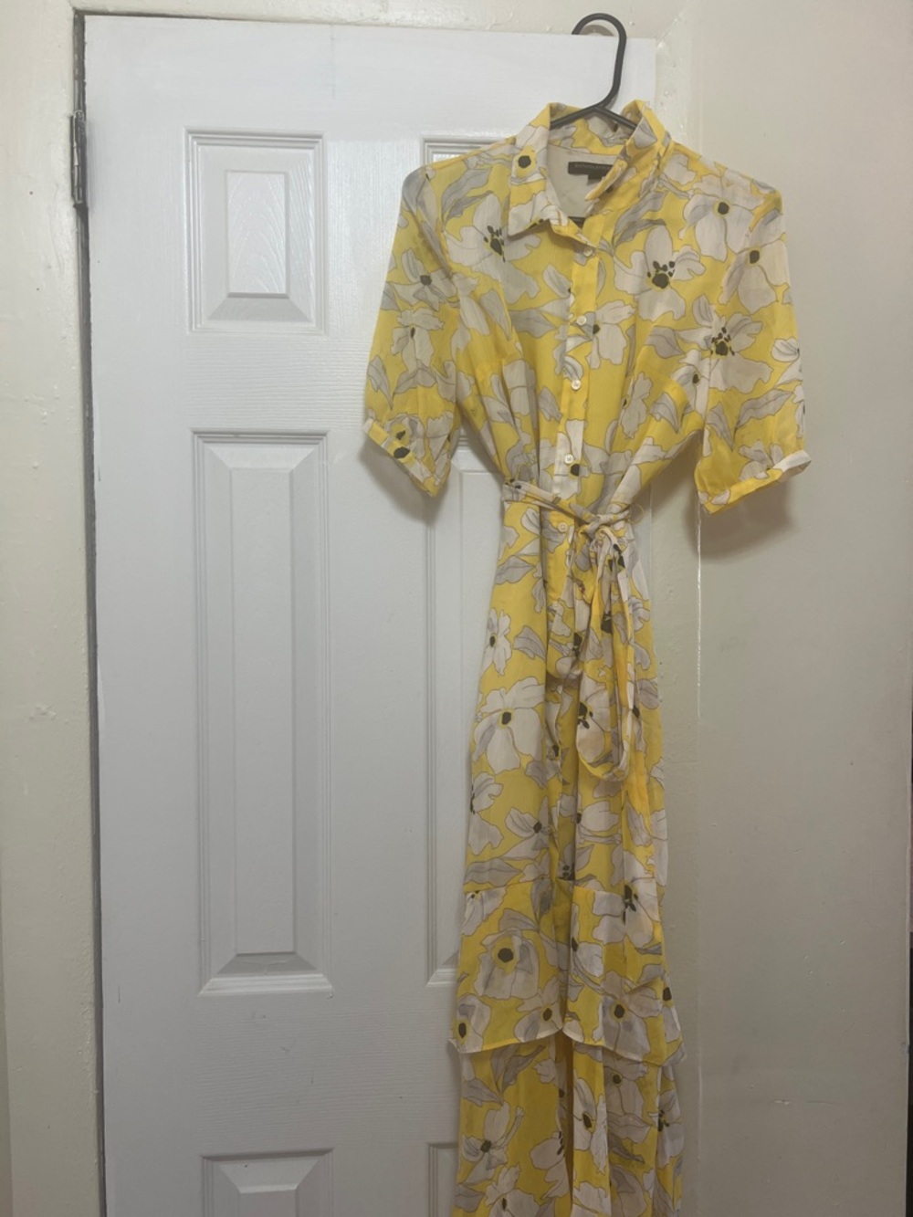 Yellow Floral Shirt Dress with Tie Waist